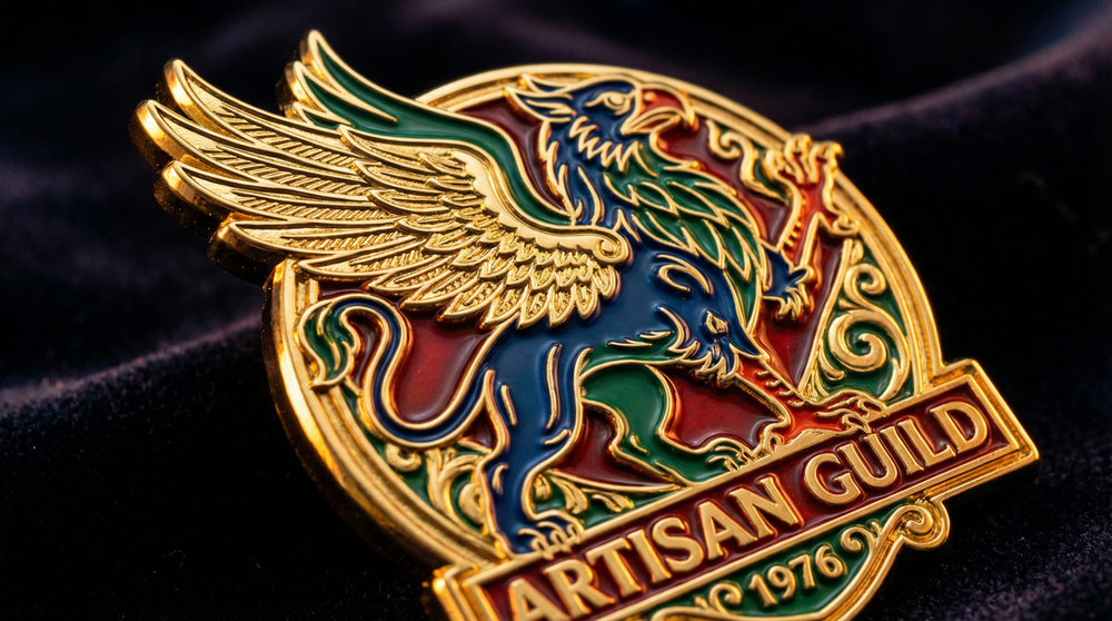 Premium Custom Gold Plated Hard Enamel Badge Macro Shot